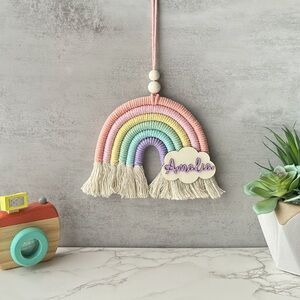 Handmade Macrame Rainbow Wall Hanging with Name Wooden Cloud
